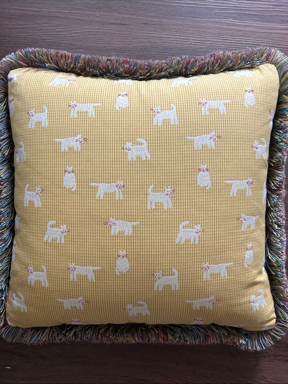 Yellow Cat Pattern Fringe Throw Pillow